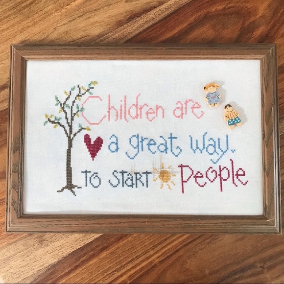 Vintage primitive counted cross stitch framed art - Picture 1 of 5